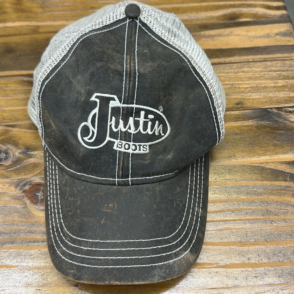 Justin Boots Baseball Mens Hat Cap Adjustable Strap Back‎ Leather Western